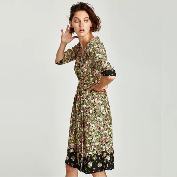 ZARA BASIC Z1975 Denim Wrap Floral Print Dress.